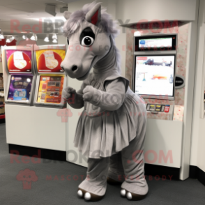 Gray Horse mascot costume character dressed with a Maxi Dress and Coin purses