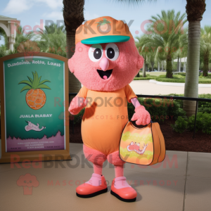 Peach Jambalaya mascot costume character dressed with a Bermuda Shorts and Handbags