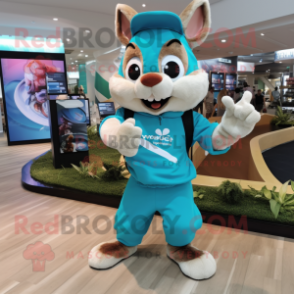 Cyan Chipmunk mascot costume character dressed with a T-Shirt and Digital watches