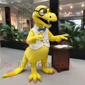 Lemon Yellow Velociraptor mascot costume character dressed with a Dress Shirt and Reading glasses