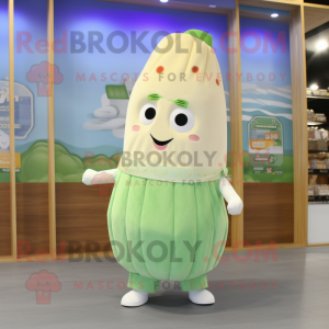 Cream Cucumber mascot costume character dressed with a Romper and Hair clips