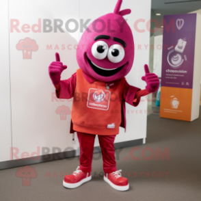 Magenta Ceviche mascot costume character dressed with a Bootcut Jeans and Bracelet watches