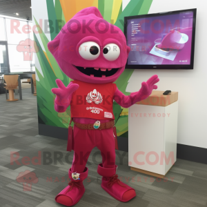 Magenta Ceviche mascot costume character dressed with a Bootcut Jeans and Bracelet watches