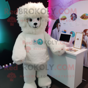 White Alpaca mascot costume character dressed with a Playsuit and Brooches
