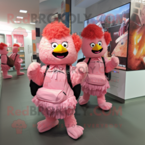 Pink Fried Chicken mascot costume character dressed with a Oxford Shirt and Backpacks