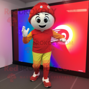 Red Rainbow mascot costume character dressed with a Joggers and Caps