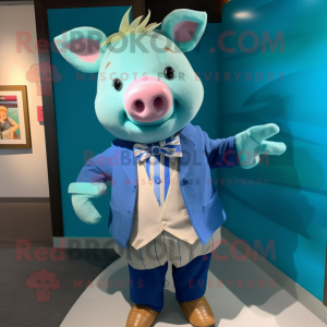 Cyan Pig maskot kostume...