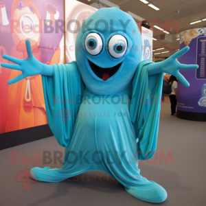 Turquoise Contortionist mascot costume character dressed with a Jeggings and Shawls