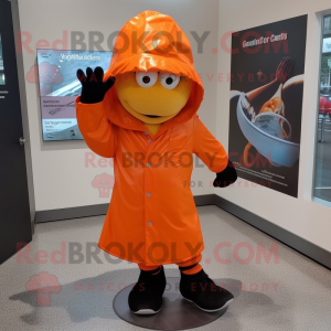 Orange Baseball Glove mascot costume character dressed with a Raincoat and Beanies