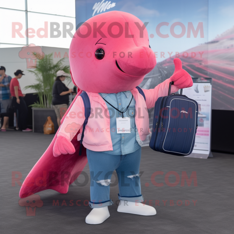 Pink Humpback Whale mascot costume character dressed with a Flare Jeans and Messenger bags