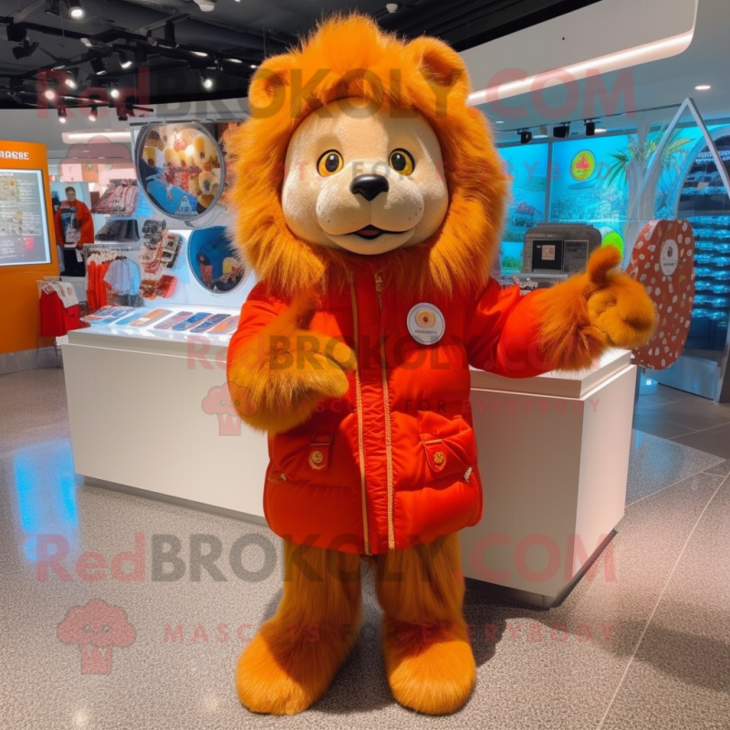 Personagem de fantasia de mascote Orange Lion vestido com um