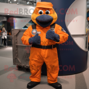 Orange Navy Seal mascot costume character dressed with a Overalls and Wraps