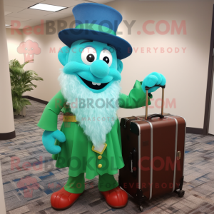 Turquoise Leprechaun mascot costume character dressed with a Maxi Skirt and Briefcases