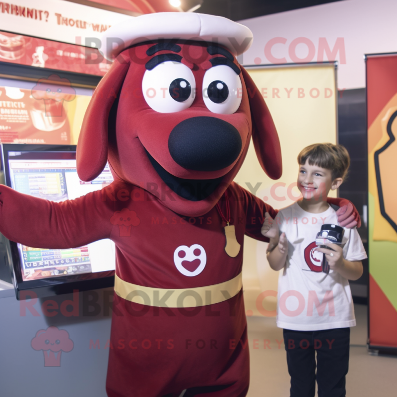 Maroon Hot Dogs mascot costume character dressed with a Oxford Shirt and Digital watches