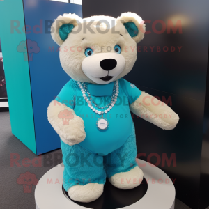 Cyan Teddy Bear mascot costume character dressed with a Skirt and Necklaces