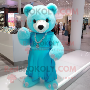 Cyan Teddy Bear mascot costume character dressed with a Skirt and Necklaces