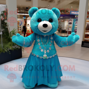 Cyan Teddy Bear mascot costume character dressed with a Skirt and Necklaces