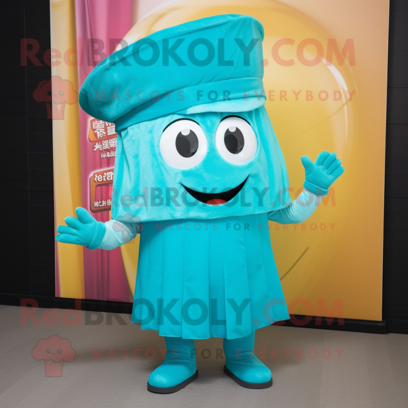 Turquoise Miso Soup mascot costume character dressed with a Blouse and Hat pins