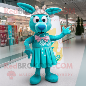 Turquoise Reindeer mascot costume character dressed with a Pleated Skirt and Clutch bags