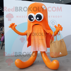 Orange Squid mascot costume character dressed with a Romper and Tote bags