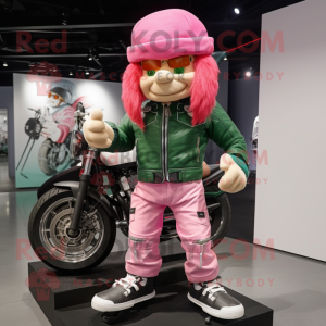 Pink Leprechaun mascot costume character dressed with a Moto Jacket and Beanies