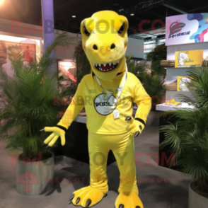 Lemon Yellow Allosaurus mascot costume character dressed with a Joggers and Keychains