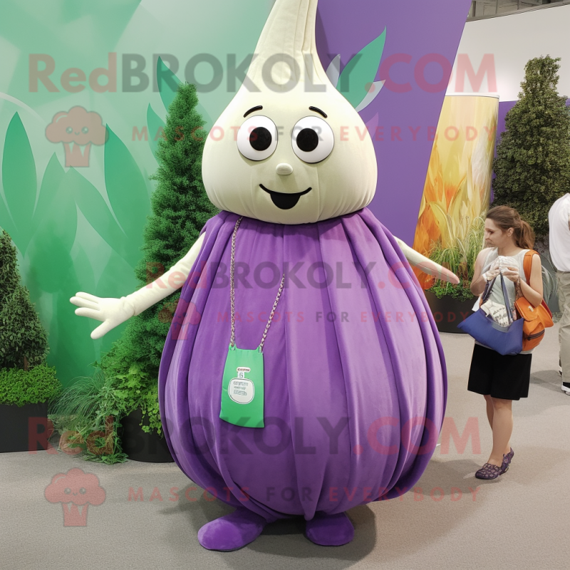 Lavender Onion mascot costume character dressed with a Maxi Skirt and Backpacks