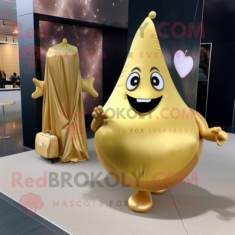 Gold Pear mascot costume character dressed with a Evening Gown and Backpacks