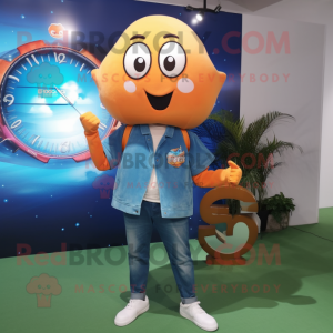 Orange Ray mascot costume character dressed with a Denim Shirt and Digital watches