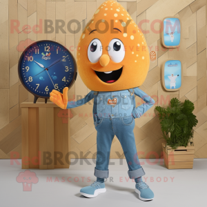 Orange Ray mascot costume character dressed with a Denim Shirt and Digital watches