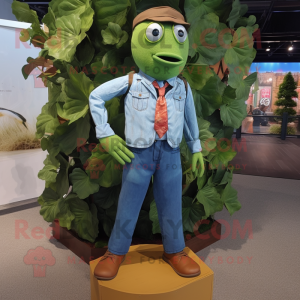 Rust Green Bean mascot costume character dressed with a Chambray Shirt and Ties