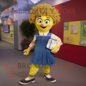 Yellow Irish Dancing Shoes mascot costume character dressed with a Chambray Shirt and Clutch bags