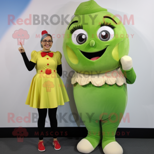 Olive Pop Corn mascot costume character dressed with a Mini Skirt and Rings