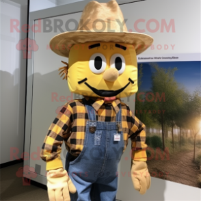 Gold Scarecrow mascot costume character dressed with a Flannel Shirt and Hat pins