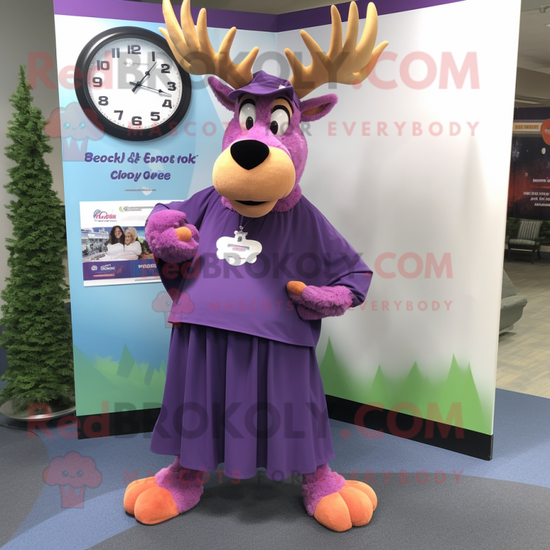 Purple Moose mascot costume character dressed with a Maxi Skirt and Bracelet watches