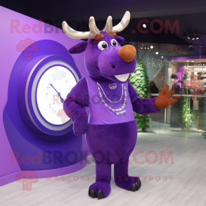 Purple Moose mascot costume character dressed with a Maxi Skirt and Bracelet watches