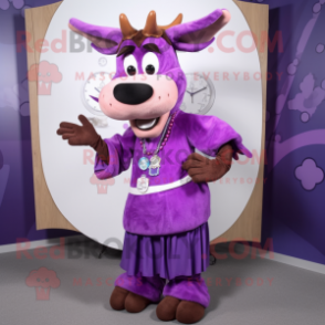 Purple Moose mascot costume character dressed with a Maxi Skirt and Bracelet watches