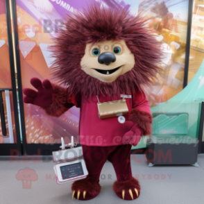 Maroon Porcupine mascot costume character dressed with a Jumpsuit and Wallets
