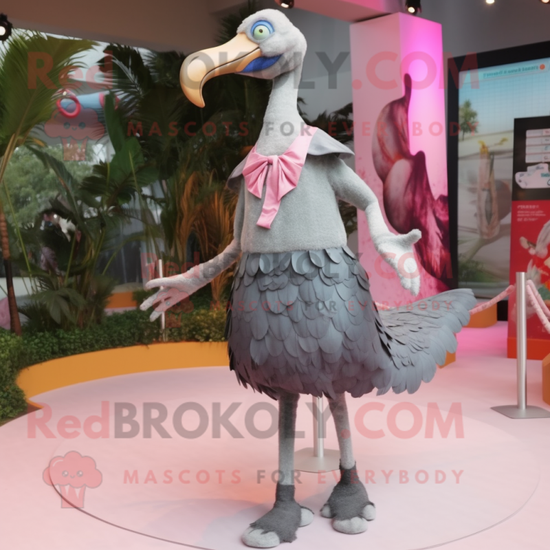 Gray Flamingo mascot costume character dressed with a Midi Dress and Suspenders