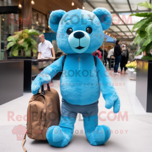 Cyan Teddy Bear mascot costume character dressed with a Skinny Jeans and Tote bags