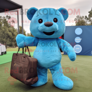 Cyan Teddy Bear mascot costume character dressed with a Skinny Jeans and Tote bags