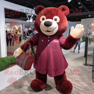 Maroon Bear mascot costume character dressed with a Blouse and Handbags