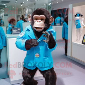 Cyan Chimpanzee mascot costume character dressed with a Jacket and Lapel pins