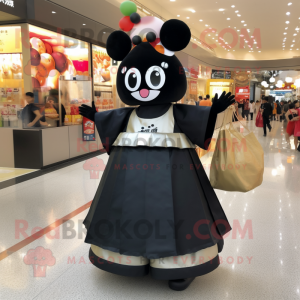 Black Dim Sum mascot costume character dressed with a Maxi Skirt and Backpacks