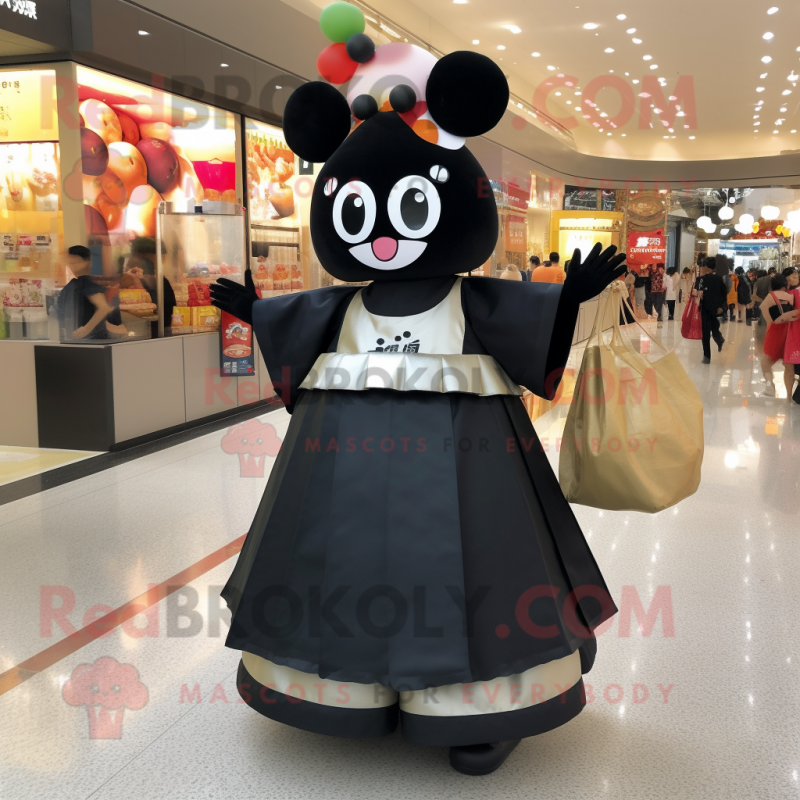 Black Dim Sum mascot costume character dressed with a Maxi Skirt and Backpacks