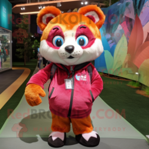 Magenta Red Panda mascot costume character dressed with a Graphic Tee and Shoe laces