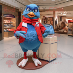 Red Blue Jay mascot costume character dressed with a Cardigan and Handbags