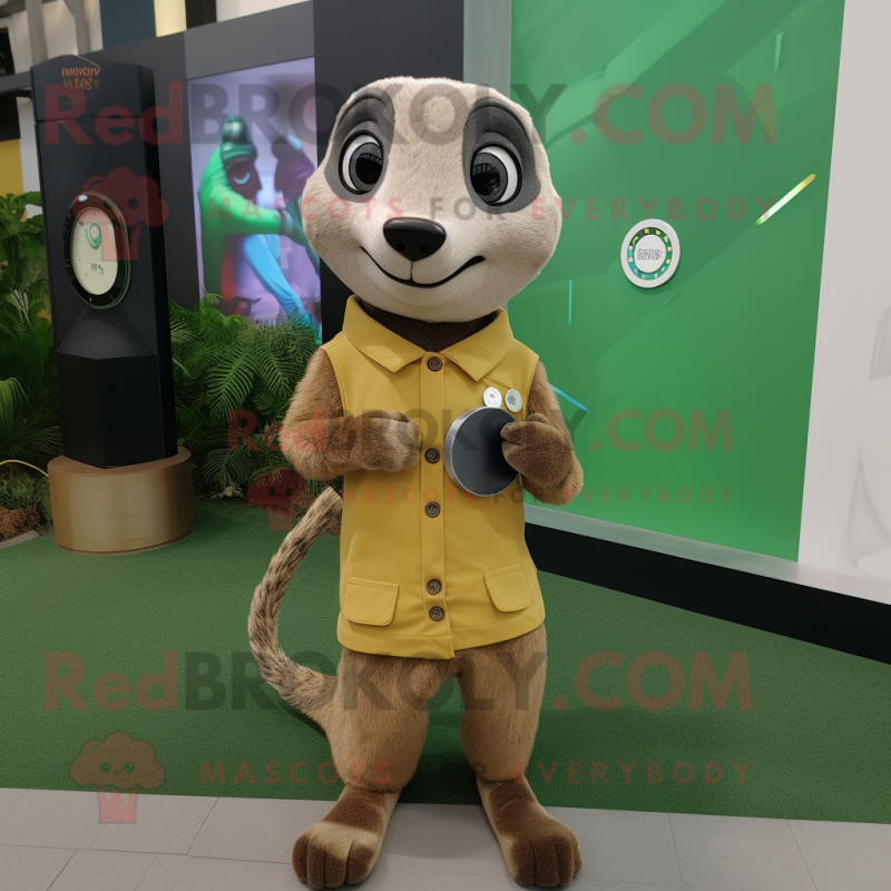 Olive Meerkat mascot costume character dressed with a Shift Dress and Smartwatches