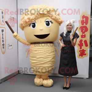 Tan Ramen mascot costume character dressed with a Pencil Skirt and Earrings