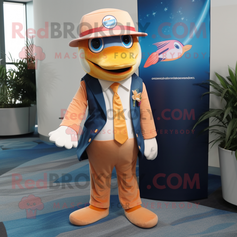 Peach Swordfish mascot costume character dressed with a Blazer and Caps